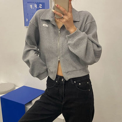 Collared Zip-Up Plain Applique Jacket Waffle Crop