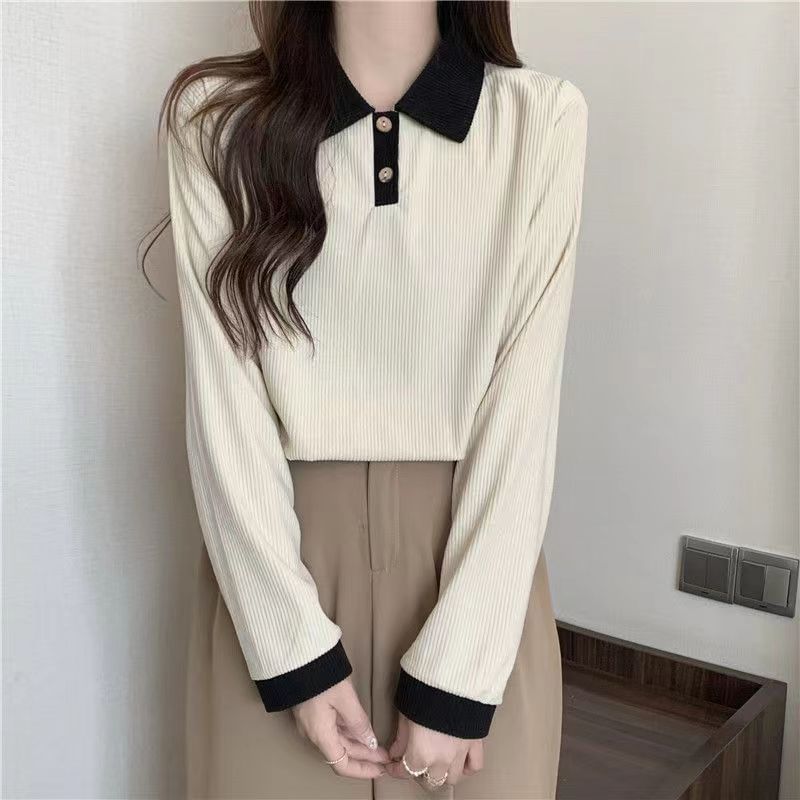 Shirt Long-Sleeve Contrast Ribbed Trim Polo