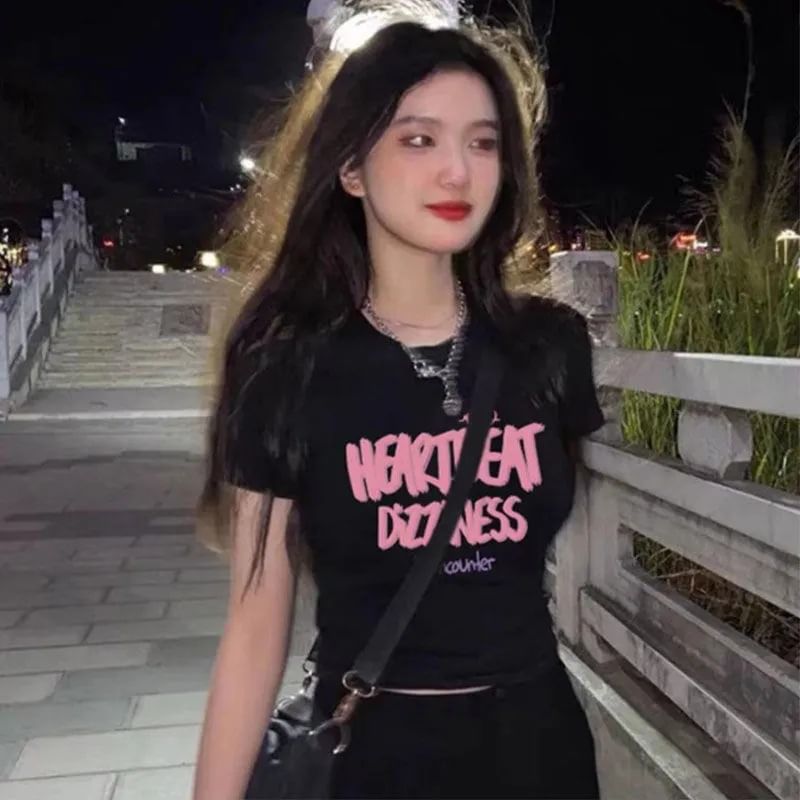 Crop Crew Print T-Shirt Lettering Short-Sleeve Neck