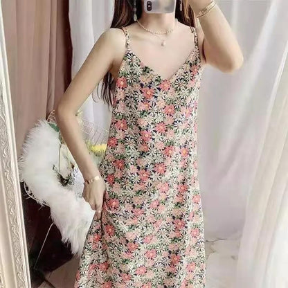 Shift V-Neck Dress Floral Spaghetti Print Strap Midi