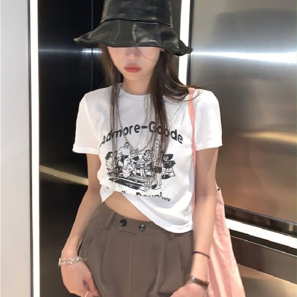 Neck Lettering Print T-Shirt Crew Short-Sleeve Crop