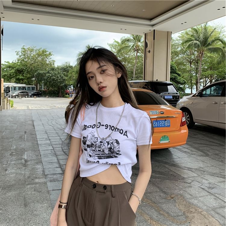 Neck Lettering Print T-Shirt Crew Short-Sleeve Crop
