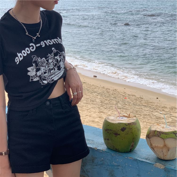 Neck Lettering Print T-Shirt Crew Short-Sleeve Crop