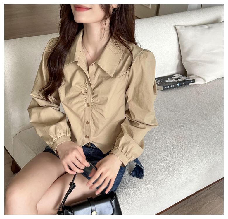 Collared Plain Ruched Shirt