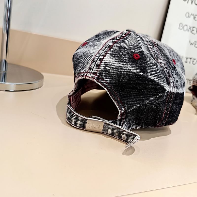 Lettering Baseball Washed Cap Distressed Denim