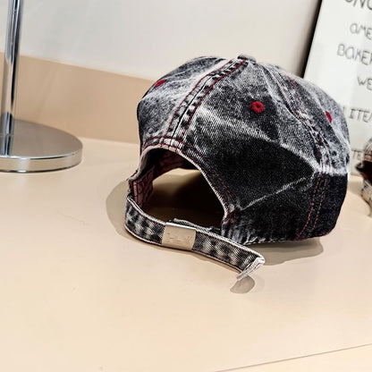 Lettering Baseball Washed Cap Distressed Denim