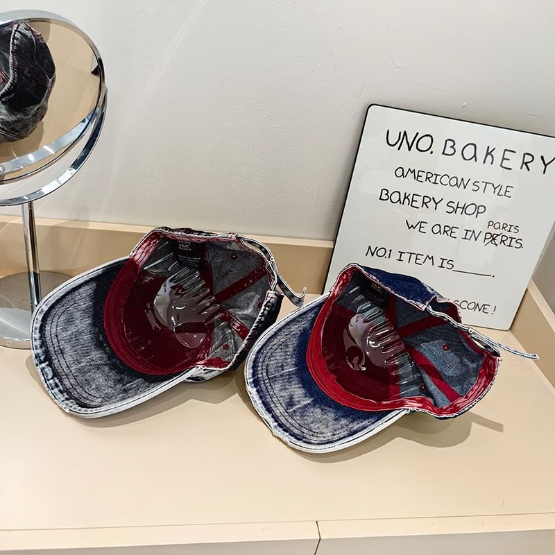 Lettering Baseball Washed Cap Distressed Denim