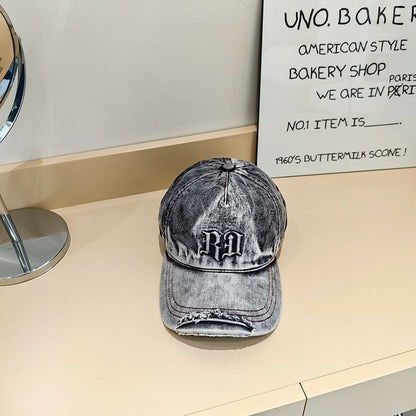 Lettering Baseball Washed Cap Distressed Denim