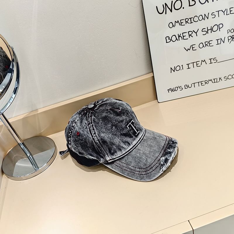 Lettering Baseball Washed Cap Distressed Denim