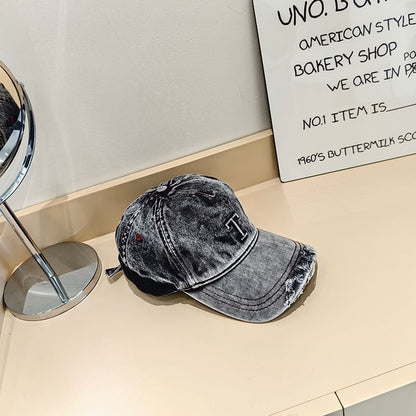 Lettering Baseball Washed Cap Distressed Denim