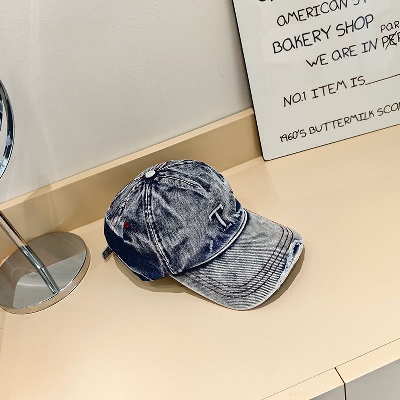 Lettering Baseball Washed Cap Distressed Denim
