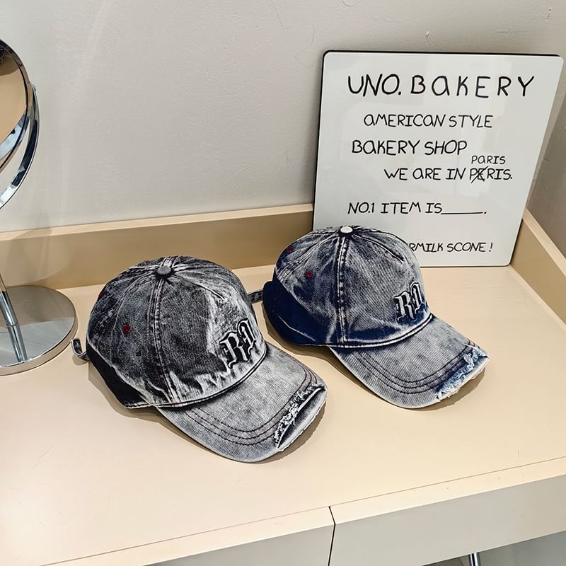 Lettering Baseball Washed Cap Distressed Denim
