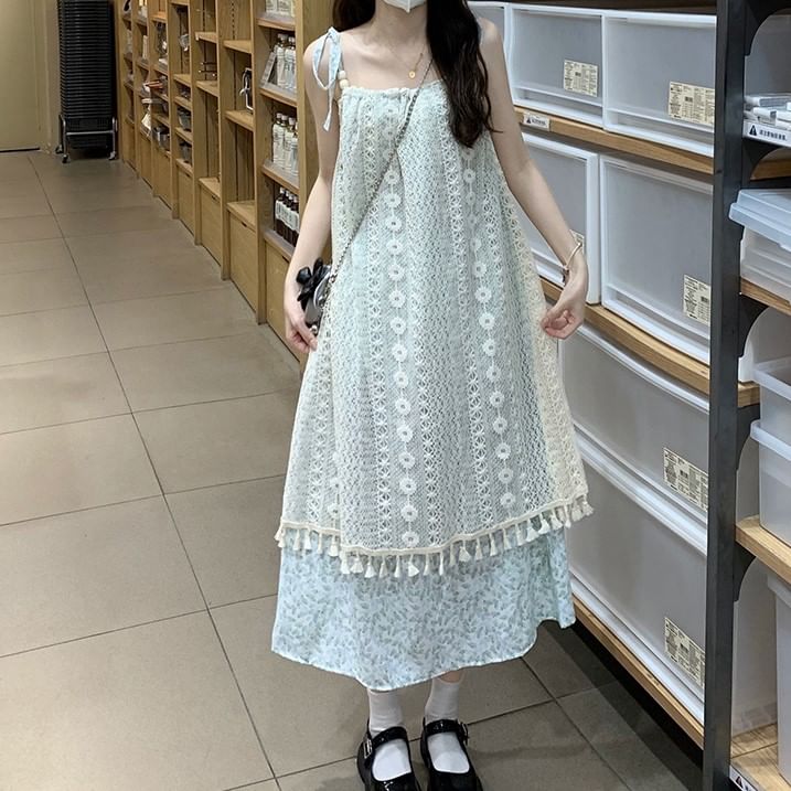 Thin Strap Lace Midi A-Line Dress