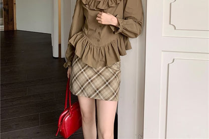 Puff Sleeve Collared Plain Ruffle Blouse