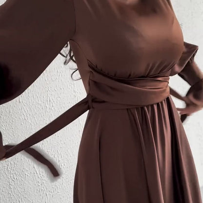 Long-Sleeve Mock Neck Sashed A-Line Maxi Gown