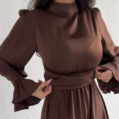 Long-Sleeve Mock Neck Sashed A-Line Maxi Gown