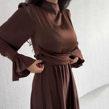 Long-Sleeve Mock Neck Sashed A-Line Maxi Gown
