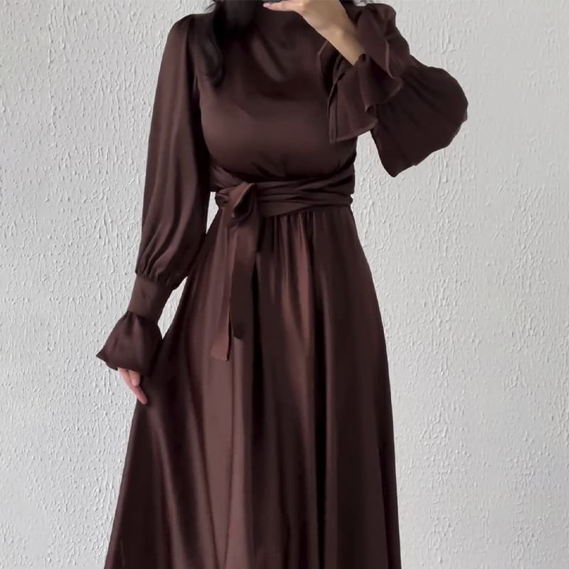 Long-Sleeve Mock Neck Sashed A-Line Maxi Gown