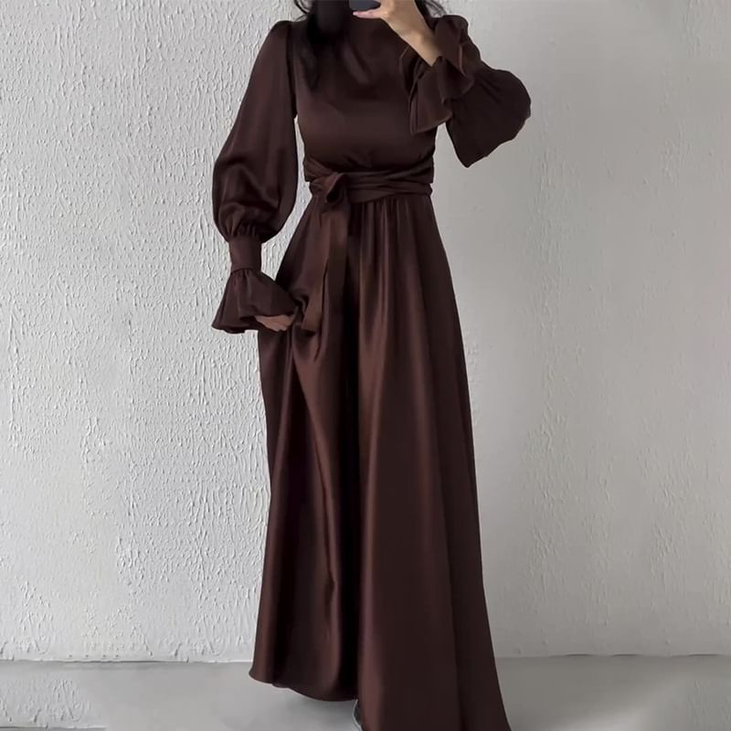 Long-Sleeve Mock Neck Sashed A-Line Maxi Gown