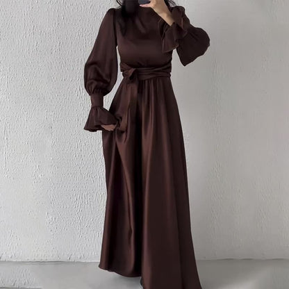 Long-Sleeve Mock Neck Sashed A-Line Maxi Gown