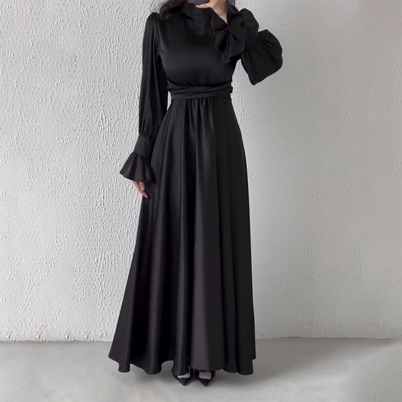 Long-Sleeve Mock Neck Sashed A-Line Maxi Gown