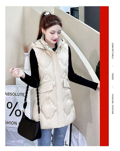 Hooded Plain Zip-Up Padded Long Vest