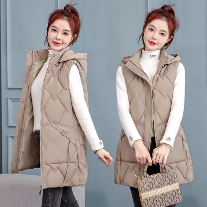 Hooded Padded Zip-Up Long Vest