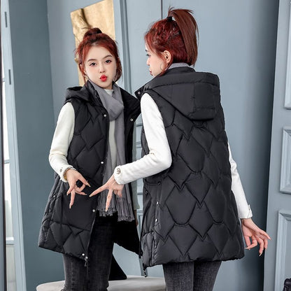 Hooded Padded Zip-Up Long Vest