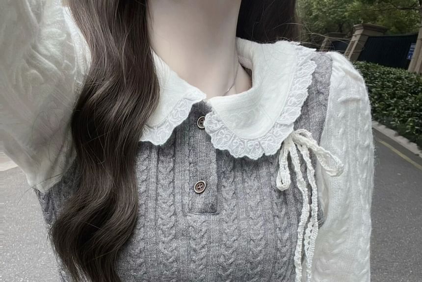 Long-Sleeve Mock Two-Piece Half Buttoned Knit Top / Pleated Skirt