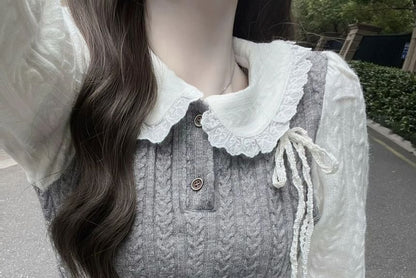 Long-Sleeve Mock Two-Piece Half Buttoned Knit Top / Pleated Skirt