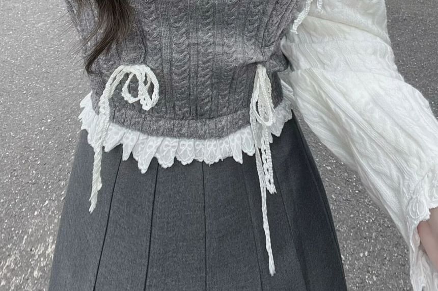 Long-Sleeve Mock Two-Piece Half Buttoned Knit Top / Pleated Skirt