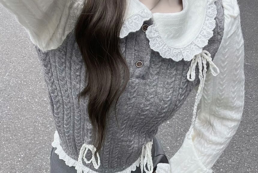 Long-Sleeve Mock Two-Piece Half Buttoned Knit Top / Pleated Skirt