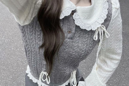 Long-Sleeve Mock Two-Piece Half Buttoned Knit Top / Pleated Skirt