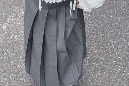 Long-Sleeve Mock Two-Piece Half Buttoned Knit Top / Pleated Skirt