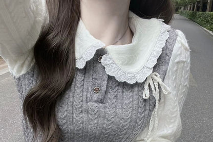 Long-Sleeve Mock Two-Piece Half Buttoned Knit Top / Pleated Skirt