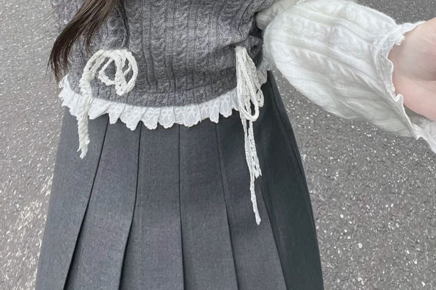 Long-Sleeve Mock Two-Piece Half Buttoned Knit Top / Pleated Skirt