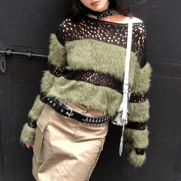 Long-Sleeve Boatneck Perforated Knit Top