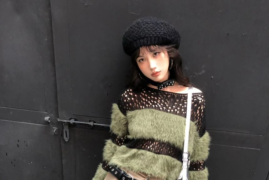 Long-Sleeve Boatneck Perforated Knit Top