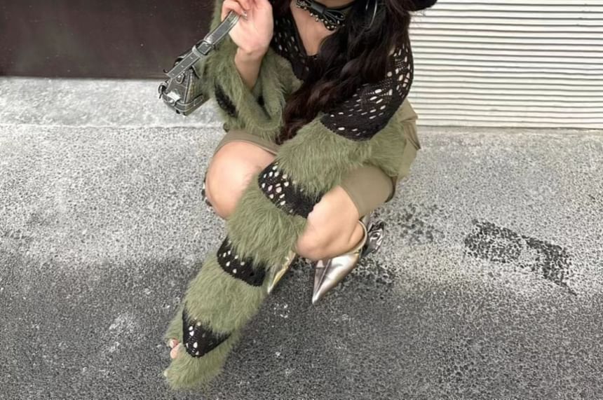 Long-Sleeve Boatneck Perforated Knit Top