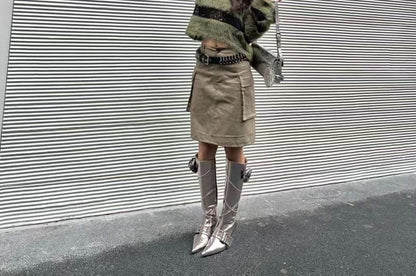 Long-Sleeve Boatneck Perforated Knit Top