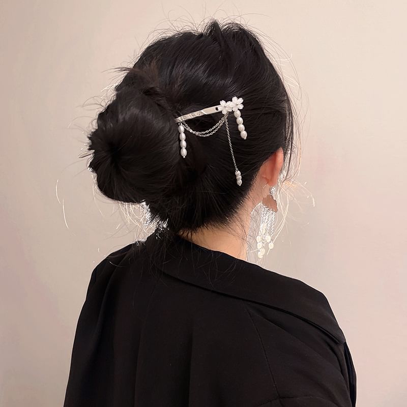 Stick Chandelier Hair / Floral Faux Alloy Earring Pearl
