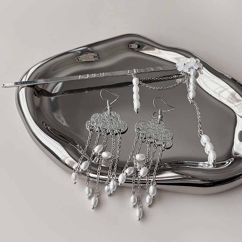 Stick Chandelier Hair / Floral Faux Alloy Earring Pearl