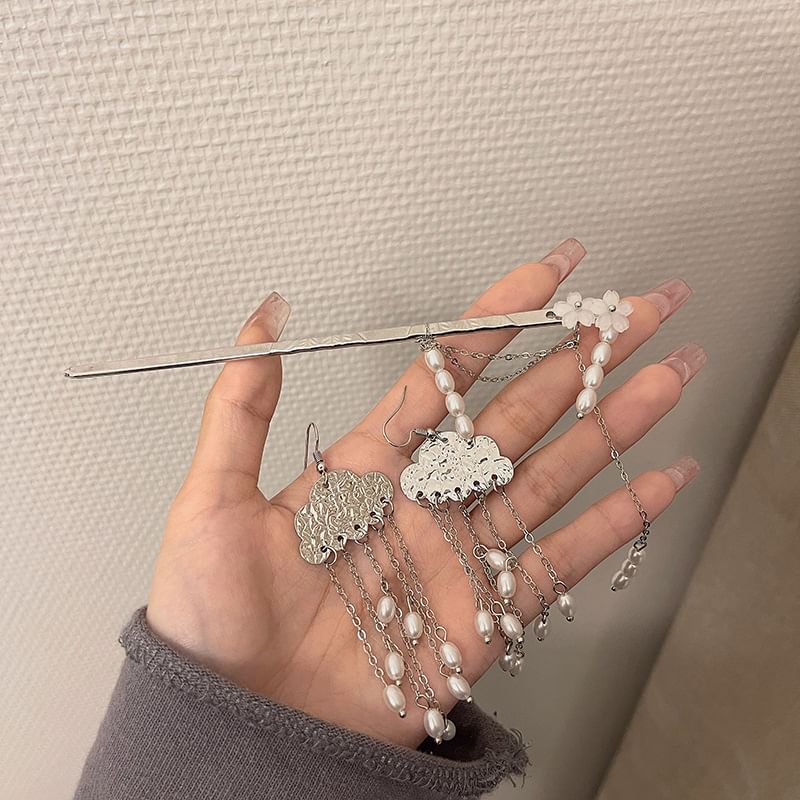 Stick Chandelier Hair / Floral Faux Alloy Earring Pearl