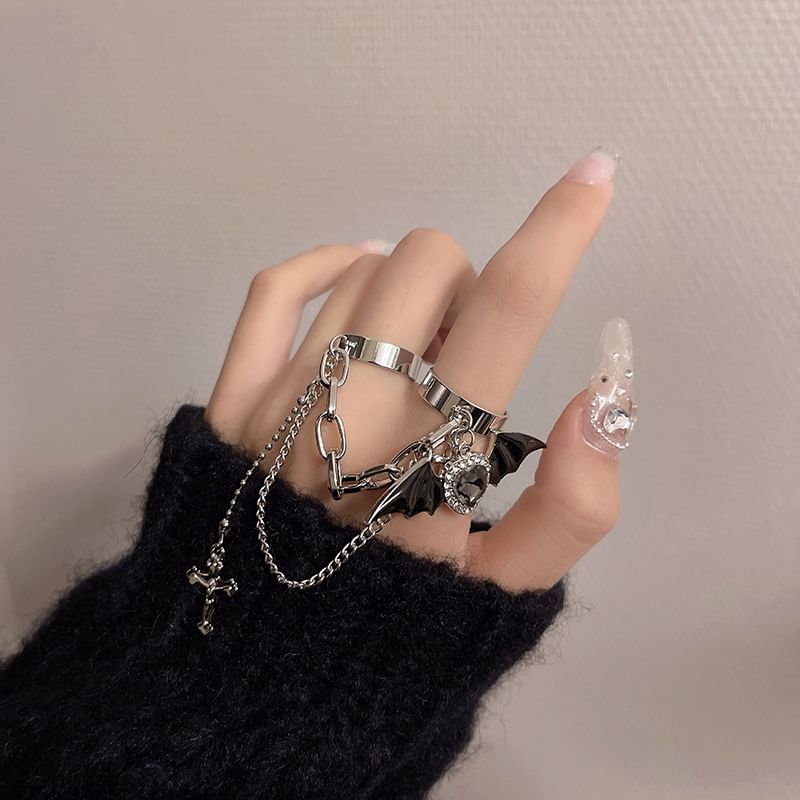 Heart Ring Wing Cross Bat Double Alloy