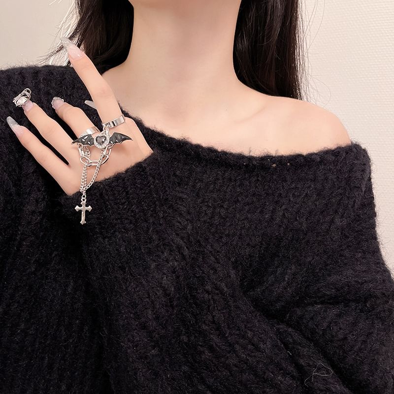 Heart Ring Wing Cross Bat Double Alloy