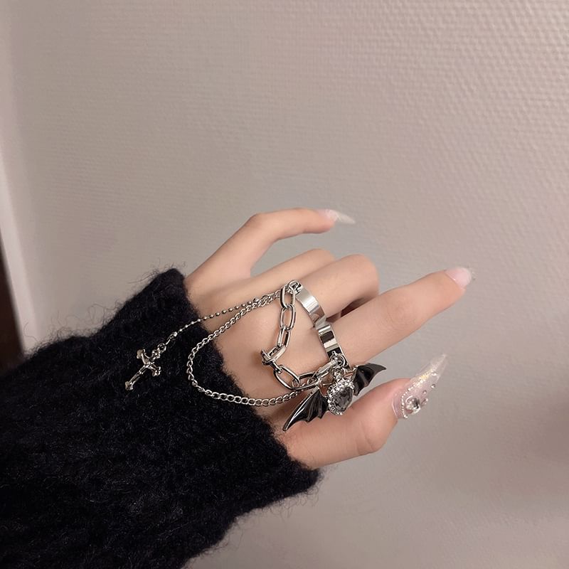 Heart Ring Wing Cross Bat Double Alloy