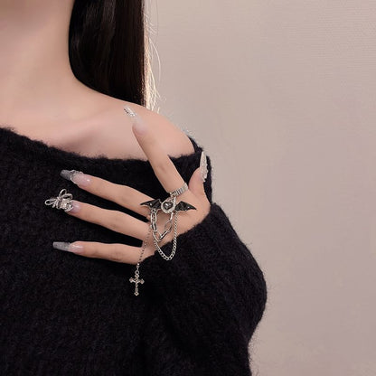 Heart Ring Wing Cross Bat Double Alloy