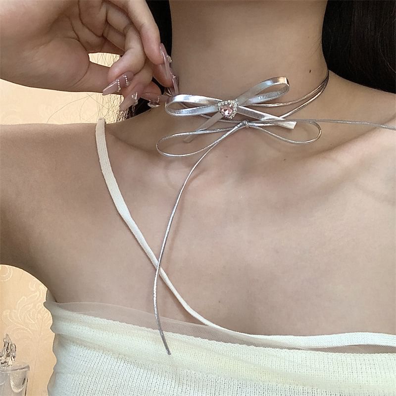 Rhinestone Choker Leather Ribbon Heart Faux