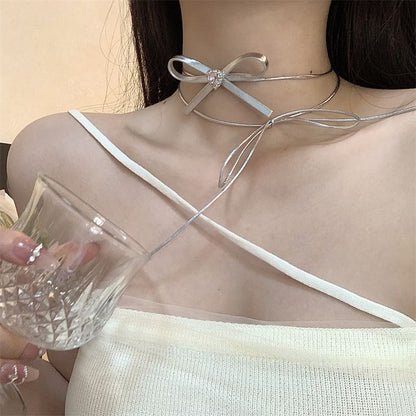 Rhinestone Choker Leather Ribbon Heart Faux