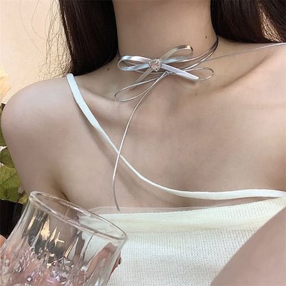 Rhinestone Choker Leather Ribbon Heart Faux